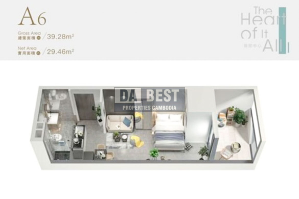 Room floor plan of Studio type Apartment for Resale in BKK1, Phnom Penh – smart space-saving layout for modern city living