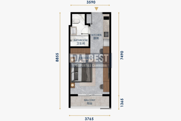 Studio Type F & G Apartment for Sale in BKK1, Phnom Penh – Detailed room plan layout showing a smart one-bedroom design with open kitchen, dining, and balcony connection for m