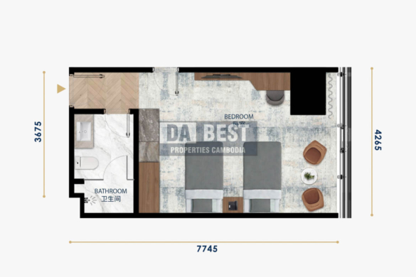 Studio type Apartment for Sale for Investment in BKK1, Phnom Penh – Smartly designed studio layout with modern finishes and clean interiors.